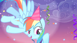 Size: 1280x720 | Tagged: safe, imported from derpibooru, screencap, rainbow dash, pegasus, pony, pinkie pride, season 4, confetti, female, hat, party hat, solo