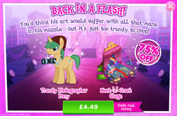 Size: 1963x1297 | Tagged: safe, imported from derpibooru, coloratura, snapshot, pony, unicorn, advertisement, background character, background pony, beanie, bush, camera, costs real money, countess coloratura, curtains, english, facial hair, gameloft, hat, horn, male, mobile game, my little pony: magic princess, numbers, official, sale, solo, solo focus, stage, stallion, stubble, text