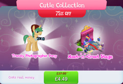 Size: 1264x858 | Tagged: safe, imported from derpibooru, coloratura, snapshot, pony, unicorn, background character, background pony, beanie, bundle, bush, camera, costs real money, countess coloratura, curtains, english, facial hair, gameloft, hat, horn, male, mobile game, my little pony: magic princess, numbers, official, sale, solo, solo focus, stage, stallion, stubble, text