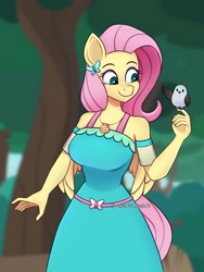 Size: 1620x2160 | Tagged: safe, artist:handgunboi, imported from derpibooru, fluttershy, anthro, bird, pegasus, breasts, busty fluttershy, butterfly hairpin, clothes, dress, equestria girls outfit, female, geode of fauna, magical geodes, smiling, solo