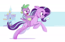Size: 2048x1336 | Tagged: safe, artist:anotherdeadrat, imported from derpibooru, spike, starlight glimmer, dragon, pony, unicorn, dragons riding ponies, duo, female, male, mare, riding, running, simple background, snorting, spike riding starlight glimmer, twilight's castle, white background