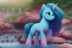 Size: 1920x1280 | Tagged: safe, editor:craft, imported from derpibooru, pony, unicorn, ai assisted, ai content, coat markings, depth of field, female, flower, flower in hair, g5, generator:purplesmart.ai, generator:stable diffusion, gradient hooves, lighting, mare, misty brightdawn, pale belly, raised hoof, scenery, shading, shadow, slim, socks (coat markings), solo, thin, unshorn fetlocks