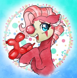 Size: 2014x2048 | Tagged: safe, artist:opalacorn, imported from derpibooru, oc, oc only, earth pony, pony, balloon, balloon animal, clown, clown makeup, clown nose, earth pony oc, floppy ears, hoof hold, open mouth, open smile, red nose, smiling, solo, starry eyes, wingding eyes