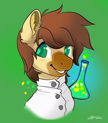 Size: 2333x2660 | Tagged: safe, artist:opalacorn, imported from derpibooru, oc, oc only, oc:calpain, earth pony, pony, bust, clothes, ear fluff, earth pony oc, green background, grin, lab coat, male, simple background, smiling, solo, stallion