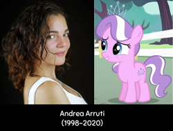 Size: 670x508 | Tagged: safe, artist:enrique zx, derpibooru exclusive, edit, edited screencap, editor:enrique zx, imported from derpibooru, screencap, diamond tiara, earth pony, human, pony, andrea arruti, female, filly, foal, in memoriam, latin american, photo, rest in peace, spanish, spanish description, spanish text, voice actor, voice actors