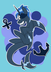 Size: 1280x1810 | Tagged: source needed, safe, artist:likeableart, imported from derpibooru, oc, oc only, oc:high tide, original species, shark, shark pony, eyepatch, grin, looking at you, male, sharp teeth, smiling, solo, teeth