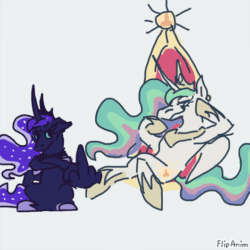 Size: 470x470 | Tagged: safe, artist:ri3ka, imported from derpibooru, princess celestia, princess luna, alicorn, pony, chair, crossed hooves, duo, duo female, female, gif, lying down, mare, middle feather, middle finger, non-animated gif, on back, siblings, simple background, sisters, sitting, smiling, vulgar, white background, wing hands, wings