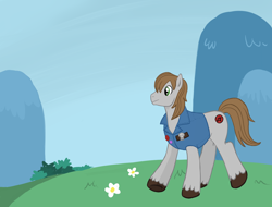 Size: 1312x997 | Tagged: safe, artist:angelicmissmarie, imported from derpibooru, oc, oc only, earth pony, pony, bush, clothes, colored hooves, commission, earth pony oc, flower, male, outdoors, solo, stallion, unshorn fetlocks