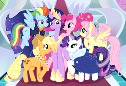 Size: 3210x2196 | Tagged: safe, artist:angelicmissmarie, imported from derpibooru, applejack, fluttershy, pinkie pie, rainbow dash, rarity, twilight sparkle, alicorn, earth pony, pony, unicorn, the last problem, applejack's hat, bags under eyes, blushing, clothes, cowboy hat, crossed hooves, crown, crying, dress, female, flying, freckles, g4, granny smith's shawl, hat, hoof shoes, horn, jacket, jewelry, lidded eyes, looking at each other, looking at someone, looking up, mane six, mare, older, older applejack, older fluttershy, older mane six, older pinkie pie, older rainbow dash, older rarity, older twilight, open mouth, open smile, peytral, princess shoes, princess twilight 2.0, raised hoof, regalia, scarf, skunk stripe, smiling, spread wings, starry eyes, tears of joy, teary eyes, twilight sparkle (alicorn), wing hole, wingding eyes, wings