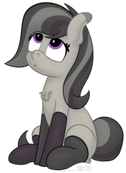 Size: 1492x2048 | Tagged: safe, artist:soctavia, imported from derpibooru, oc, oc:rocky karst, earth pony, kirin, derpibooru community collaboration, 2023 community collab, chest fluff, clothes, earth pony oc, female, looking up, mare, simple background, sitting, socks, solo, transparent background