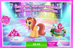 Size: 1961x1301 | Tagged: safe, imported from derpibooru, whirlwind romance, pegasus, pony, advertisement, background character, background pony, balloon, bush, clothes, costs real money, costume, english, female, folded wings, gameloft, gem, jewelry, las pegasus resident, mare, mobile game, my little pony: magic princess, necklace, numbers, official, sale, solo, solo focus, text, wings