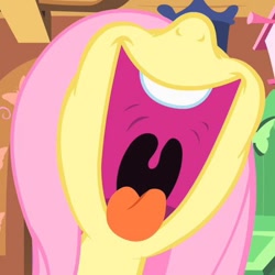 Size: 486x486 | Tagged: safe, imported from derpibooru, screencap, fluttershy, pegasus, pony, stare master, cropped, female, mare, nose in the air, open mouth, open smile, silly, smiling, solo, tongue out, uvula, volumetric mouth