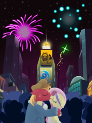 Size: 2880x3840 | Tagged: safe, alternate version, anonymous artist, imported from derpibooru, big macintosh, fluttershy, rarity, earth pony, pegasus, pony, series:fm holidays, cap, clothes, crowd, eyes closed, female, fireworks, floppy ears, fluttermac, happy new year, happy new year 2023, hat, headband, high res, holding each other, holiday, jacket, kiss on the lips, kissing, lineless, male, manehattan, mare, new year, night, rarity is a marshmallow, shipping, stallion, straight, turtleneck