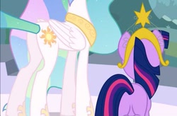 Size: 619x406 | Tagged: safe, imported from derpibooru, screencap, princess celestia, twilight sparkle, alicorn, pony, unicorn, big crown thingy, butt, cropped, duo, element of magic, episode needed, facing away, head out of frame, i watch it for the plot, jewelry, plot, regalia, sunbutt, twibutt, unicorn twilight