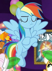 Size: 389x529 | Tagged: safe, imported from derpibooru, screencap, apple rose, goldie delicious, rainbow dash, earth pony, pegasus, pony, grannies gone wild, cropped, crossed hooves, eyes closed, female, flying, frown, mare, offscreen character, solo focus, spread wings, trio, wings