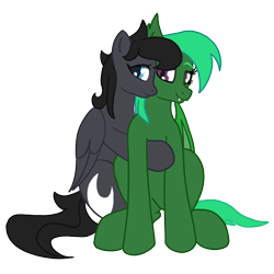 Size: 1400x1400 | Tagged: safe, artist:eklipsethepony, artist:frilanka, imported from derpibooru, oc, oc only, oc:eklipse, oc:poni, bat pony, pegasus, pony, derpibooru community collaboration, 2023 community collab, bat pony oc, cute, duo, hugging a pony, pegasus oc, simple background, sitting, transparent background