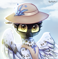 Size: 2800x2840 | Tagged: safe, artist:opal_radiance, imported from derpibooru, oc, oc only, unnamed oc, griffon, cloud, eyelashes, griffon oc, hat, high res, ko-fi, looking at you, partially open wings, reward, signature, sky, smiling, smiling at you, solo, wings