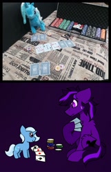 Size: 1400x2180 | Tagged: safe, artist:kiodima, artist:pegacousin, imported from derpibooru, trixie, oc, oc:kioshka, earth pony, pony, earth pony oc, photo, playing card, plushie, poker, poker chips, worried