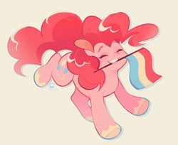 Size: 2239x1831 | Tagged: safe, artist:leapinglambs, imported from derpibooru, pinkie pie, earth pony, pony, colored hooves, eyes closed, female, flag, hooves, mouth hold, pansexual pride flag, pride, pride flag, running, simple background, smiling, solo, tan background, teeth