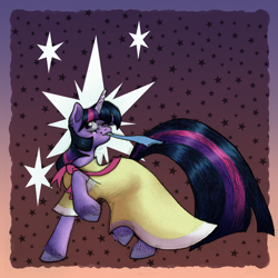 Size: 3000x3000 | Tagged: safe, artist:marhafka, imported from derpibooru, twilight sparkle, pony, unicorn, sweet and elite, abstract background, birthday dress, clothes, dress, female, mare, one eye closed, party horn, smiling, solo, unicorn twilight, wink