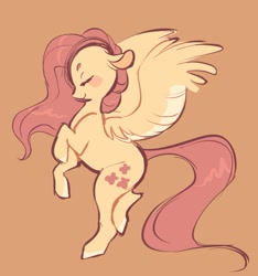 Size: 697x745 | Tagged: safe, artist:leapinglambs, imported from derpibooru, fluttershy, pegasus, pony, 2018, bipedal, blushing, brown background, eyes closed, female, side view, simple background, smiling, solo