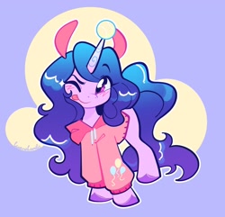 Size: 2186x2106 | Tagged: safe, artist:leapinglambs, imported from derpibooru, izzy moonbow, pony, unicorn, ;p, ball, blue hair, blushing, clothes, cute, cutie mark on clothes, eye clipping through hair, eyebrows, eyebrows visible through hair, female, g5, high res, horn, hornball, izzy's tennis ball, izzybetes, mare, one eye closed, pinkie pie's cutie mark, signature, smiling, smirk, solo, tennis ball, the new pinkie pie, tongue out, wink