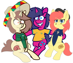 Size: 4432x3792 | Tagged: safe, artist:threetwotwo32232, artist:yelowcrom, imported from derpibooru, oc, oc only, oc:brushie, oc:fizzy pop, oc:hymyt, earth pony, pony, unicorn, derpibooru community collaboration, 2023 community collab, beret, earth pony oc, female, hat, horn, mare, simple background, sombrero, transparent background, trio, unicorn oc