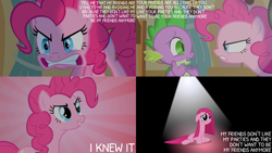 Size: 4400x2475 | Tagged: safe, edit, edited screencap, editor:quoterific, imported from derpibooru, screencap, pinkie pie, spike, dragon, earth pony, pony, party of one, abstract background, confident, duo, duo male and female, exact words, female, frown, grin, gritted teeth, literal, male, open mouth, pinkamena diane pie, pinkie pie is not amused, sad, smiling, teeth, unamused