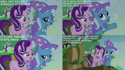 Size: 4400x2475 | Tagged: safe, edit, edited screencap, editor:quoterific, imported from derpibooru, screencap, starlight glimmer, trixie, pony, unicorn, to change a changeling, cape, clothes, duo, duo female, female, frown, hat, implied chrysalis, mare, open mouth, open smile, pointing, smiling, trixie's brooch, trixie's cape, trixie's hat