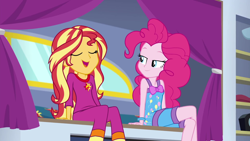 Size: 1920x1080 | Tagged: safe, imported from derpibooru, screencap, pinkie pie, sunset shimmer, human, equestria girls, equestria girls series, sunset's backstage pass!, spoiler:eqg series (season 2), bare shoulders, bowtie, clothes, nightgown, pajamas, shorts, sleeveless, wristband