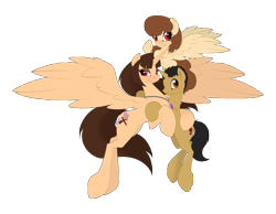 Size: 9000x7000 | Tagged: safe, artist:miniferu, imported from derpibooru, oc, oc:handy hoofs, oc:shiny smiley, oc:spring beauty, alicorn, pegasus, pony, unicorn, derpibooru community collaboration, 2023 community collab, alicorn oc, bust, family, female, flying, horn, hug, looking at you, male, pegasus oc, portrait, simple background, transparent background, trio, wings