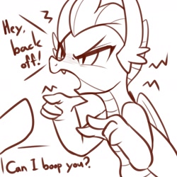 Size: 2400x2400 | Tagged: safe, artist:maren, imported from derpibooru, smolder, dragon, pony, 2019, angry, boop, dialogue, doodle, female, monochrome, offscreen character, old art, open mouth, smoldere, tsundere