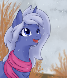 Size: 775x900 | Tagged: safe, artist:maravor, imported from derpibooru, oc, oc only, pony, unicorn, clothes, female, horn, open mouth, scarf, snow, snowfall, solo, unicorn oc