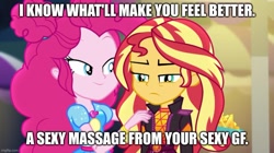 Size: 893x499 | Tagged: safe, edit, edited screencap, imported from derpibooru, screencap, pinkie pie, sunset shimmer, human, equestria girls, equestria girls series, sunset's backstage pass!, spoiler:eqg series (season 2), caption, female, image macro, lesbian, shipping, sunsetpie, text