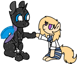 Size: 1798x1497 | Tagged: safe, artist:symphonydawn3, artist:theunidentifiedchangeling, imported from derpibooru, oc, oc:[unidentified], changeling, earth pony, pony, derpibooru community collaboration, 2023 community collab, armband, changeling oc, duo, earth pony oc, female, horn, male, simple background, transparent background, wings