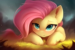 Size: 2560x1706 | Tagged: safe, editor:mr-bat, imported from derpibooru, fluttershy, pegasus, pony, abstract background, ai content, ai generated, blushing, cute, ear fluff, female, front view, generator:stable diffusion, grass, leg fluff, looking at you, lying down, mare, prone, shyabetes, smiling, smiling at you, solo, stars