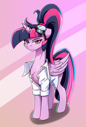 Size: 1612x2377 | Tagged: safe, artist:alcor, imported from derpibooru, twilight sparkle, alicorn, pony, alternate hairstyle, clothes, goggles, lab coat, long ass neck, long neck, ponytail, solo, sternocleidomastoid, twilight sparkle (alicorn)