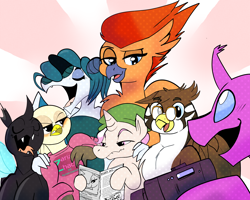 Size: 3000x2400 | Tagged: safe, artist:klondike, imported from derpibooru, oc, oc only, oc:basin, oc:maxilla, oc:mimesis, changedling, changeling, dragon, griffon, hippogriff, unicorn, tails of equestria, dragon oc, group, hippogriff oc, non-pony oc