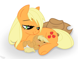 Size: 2231x1709 | Tagged: safe, artist:frostedsketch13, artist:selenaede, imported from derpibooru, applejack, oc, oc:applecrisp, pony, base used, female, foal, mommajack, mother and child, offspring, parent:applejack, solo