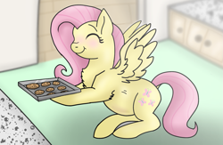 Size: 1401x916 | Tagged: safe, artist:frostedsketch13, imported from derpibooru, fluttershy, pegasus, pony, baking, baking sheet, blushing, chest fluff, cookie, cute, eyes closed, female, food, happy, kitchen, preggoshy, pregnant, sensibly-proportioned pregnancy, shyabetes, smiling, solo, spread wings, wings