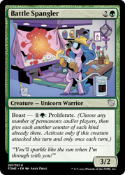 Size: 375x523 | Tagged: safe, artist:andypriceart, edit, imported from derpibooru, izzy moonbow, pony, unicorn, spoiler:g5comic08, bipedal, ccg, clothes, fabric, g5, glitter, glue, goggles, hard hat, hat, hoof gloves, magic the gathering, safety goggles, trading card, trading card edit