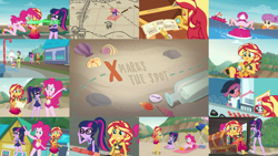 Size: 1280x721 | Tagged: safe, editor:quoterific, imported from derpibooru, pinkie pie, sci-twi, sunset shimmer, twilight sparkle, human, equestria girls, equestria girls series, x marks the spot, clothes, crying, decoder ring, female, fire, pinkie pie swimsuit, sci-twi swimsuit, swimsuit, tears of pain