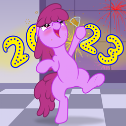 Size: 1919x1919 | Tagged: safe, alternate version, artist:nitei, imported from derpibooru, berry punch, berryshine, earth pony, pony, 2023, alcohol, bipedal, blushing, cute, drunk, featureless crotch, female, fireworks, glass, go home you're drunk, happy new year, holiday, looking up, mare, open mouth, open smile, show accurate, smiling, solo, spilling, standing, standing on one leg