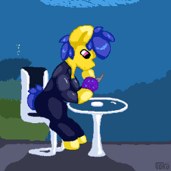 Size: 400x400 | Tagged: safe, artist:vohd, imported from derpibooru, oc, oc only, oc:vohd, earth pony, pony, animated, chair, diving suit, earth pony oc, food, gif, monster, ocean, pixel art, sitting, subnautica, table, thinking, underwater, water