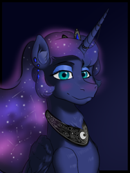 Size: 1500x2000 | Tagged: safe, artist:oldman, imported from derpibooru, princess luna, alicorn, pony, bust, crown, galaxy, horn, jewelry, portrait, regalia, solo, stars, wings