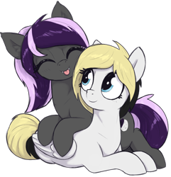 Size: 2016x2088 | Tagged: safe, artist:t72b, imported from derpibooru, oc, oc only, oc:nightwalker, oc:whiteout, bat pony, pegasus, pony, derpibooru community collaboration, 2023 community collab, :p, bat pony oc, duo, eyes closed, fangs, female, lying down, mare, pegasus oc, prone, simple background, tongue out, transparent background