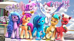 Size: 3840x2160 | Tagged: safe, artist:whiteskyline, imported from derpibooru, hitch trailblazer, izzy moonbow, pipp petals, sprout cloverleaf, sunny starscout, zipp storm, earth pony, pegasus, pony, unicorn, 3d, 3d model, 4k, alternate new mane six (g5), bag, bracelet, cellphone, colored eyebrows, download at source, downloadable, female, g5, group, high res, hoof hold, jewelry, male, mane five (g5), mane seven (g5), mare, milkshake, misty brightdawn, new mane six (g5), phone, preview, resource, saddle bag, smoothie, source filmmaker, source filmmaker resource, spread wings, stallion, straps, umbrella, unshorn fetlocks, wings