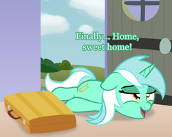 Size: 2000x1600 | Tagged: safe, artist:nitei, imported from derpibooru, lyra heartstrings, pony, unicorn, atg 2022, bags under eyes, dialogue, door, doorway, female, flop, floppy ears, happy, home, journey, lidded eyes, lying down, mare, newbie artist training grounds, open mouth, open smile, prone, show accurate, smiling, solo, suitcase, tired
