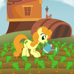 Size: 2000x2000 | Tagged: safe, artist:nitei, imported from derpibooru, carrot top, golden harvest, earth pony, pony, atg 2022, barrel, carrot, crouching, dirt, farm, female, field, food, happy, herbivore, high res, house, mare, mouth hold, newbie artist training grounds, open mouth, open smile, show accurate, smiling, solo, watering, watering can