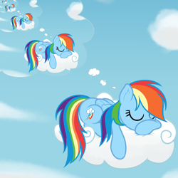 Size: 2000x2000 | Tagged: safe, artist:nitei, imported from derpibooru, rainbow dash, pegasus, pony, atg 2022, cloud, cute, dashabetes, dream, droste effect, eyes closed, female, high res, inception, lying down, mare, newbie artist training grounds, on a cloud, prone, recursion, show accurate, sleeping, sleeping on a cloud, sleepydash, solo, thought bubble